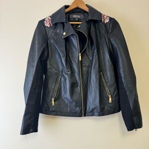 Kenneth Cole Reaction Black Faux Leather Floral Embroidered Jacket Gold Accents